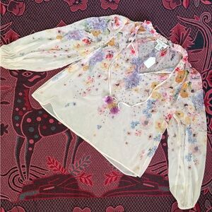 Rachel Zoe Sheer Ivory Blouse with Pastel Floral Print